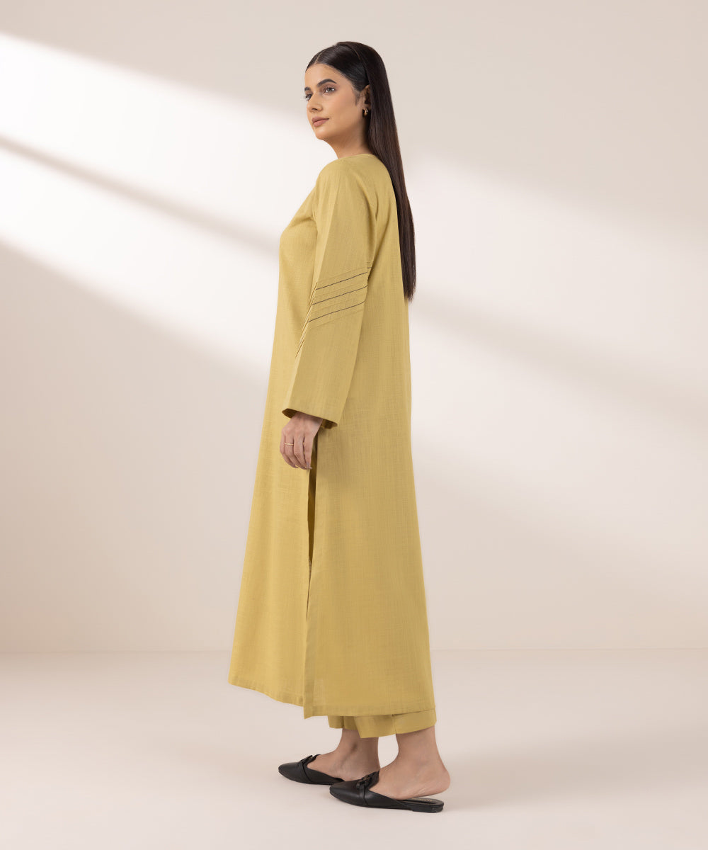 Women's Pret Khaddar Solid Yellow A-Line Shirt