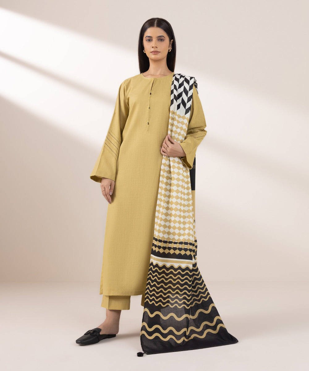 Women's Pret Khaddar Solid Yellow A-Line Shirt