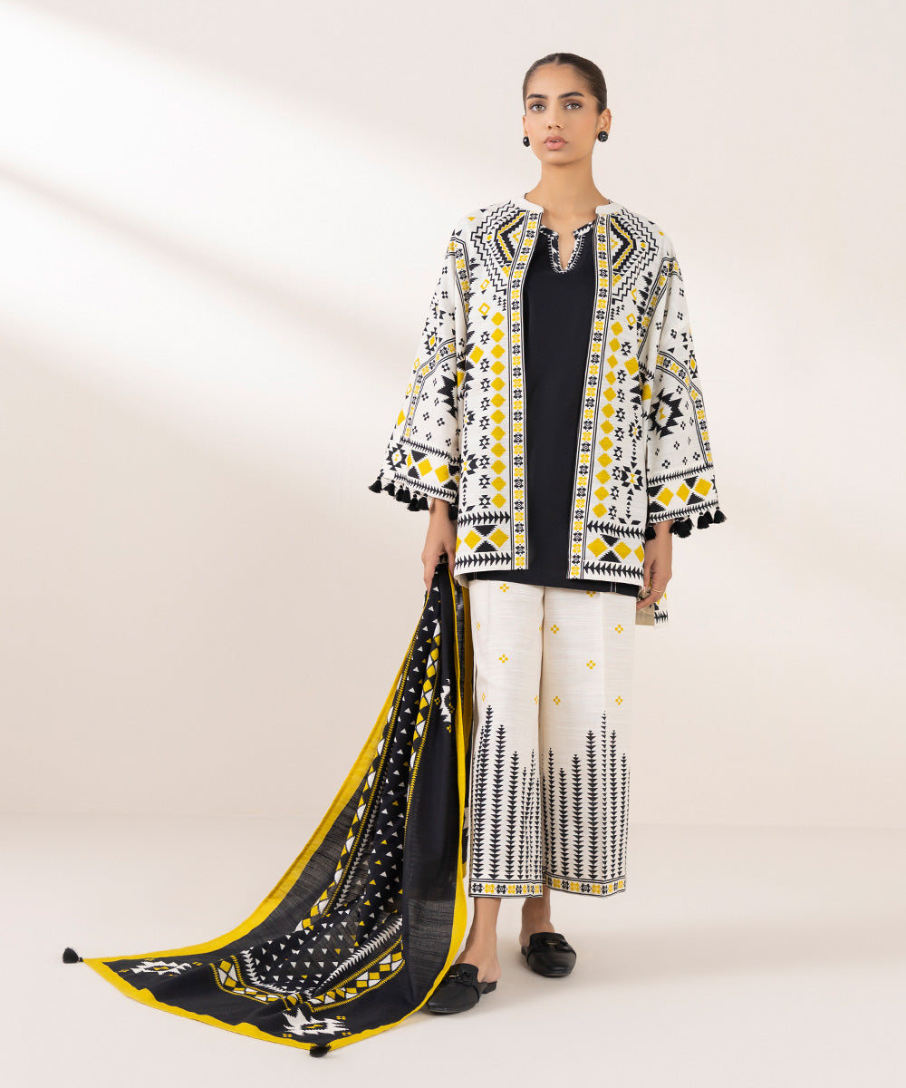 Women's Pret Khaddar Printed Multi Front Open Jacket 