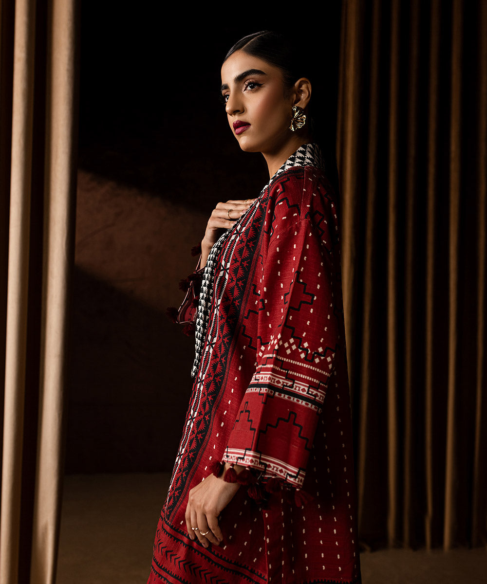 Women's Pret Khaddar Printed Red Front Open Jacket 