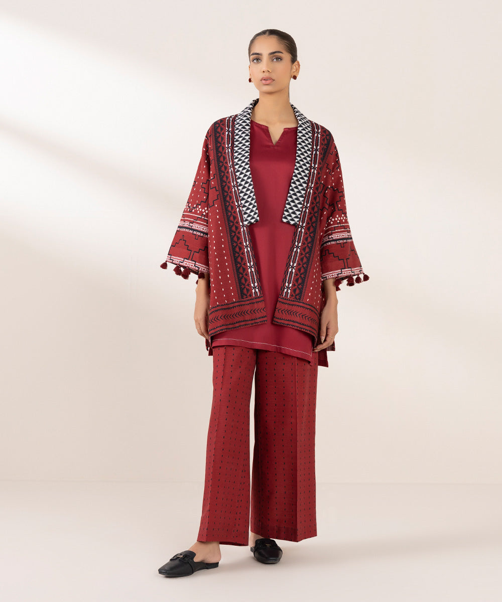 Women's Pret Khaddar Printed Red Front Open Jacket 