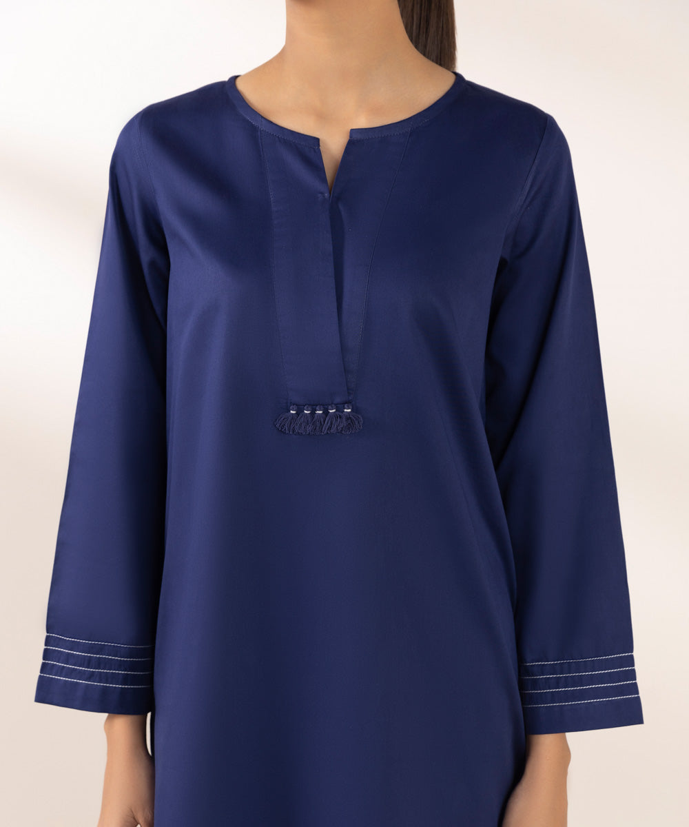 Women's Pret Cotton Satin Solid Blue A-Line Shirt