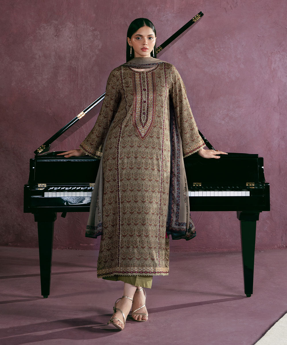 Women's Pret Arabic Lawn Embroidered Brown A-Line Shirt