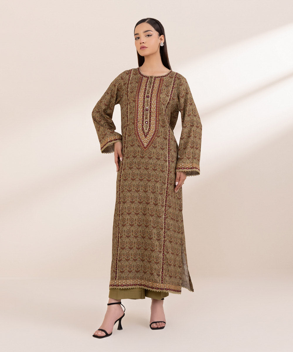 Women's Pret Arabic Lawn Embroidered Brown A-Line Shirt