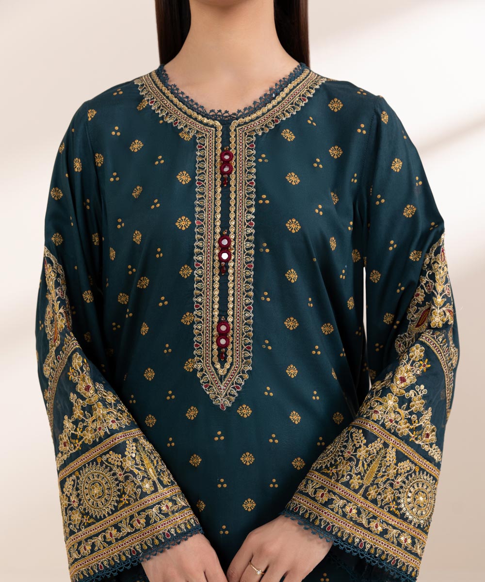 Women's Pret Arabic Lawn Embroidered Green A-Line Shirt