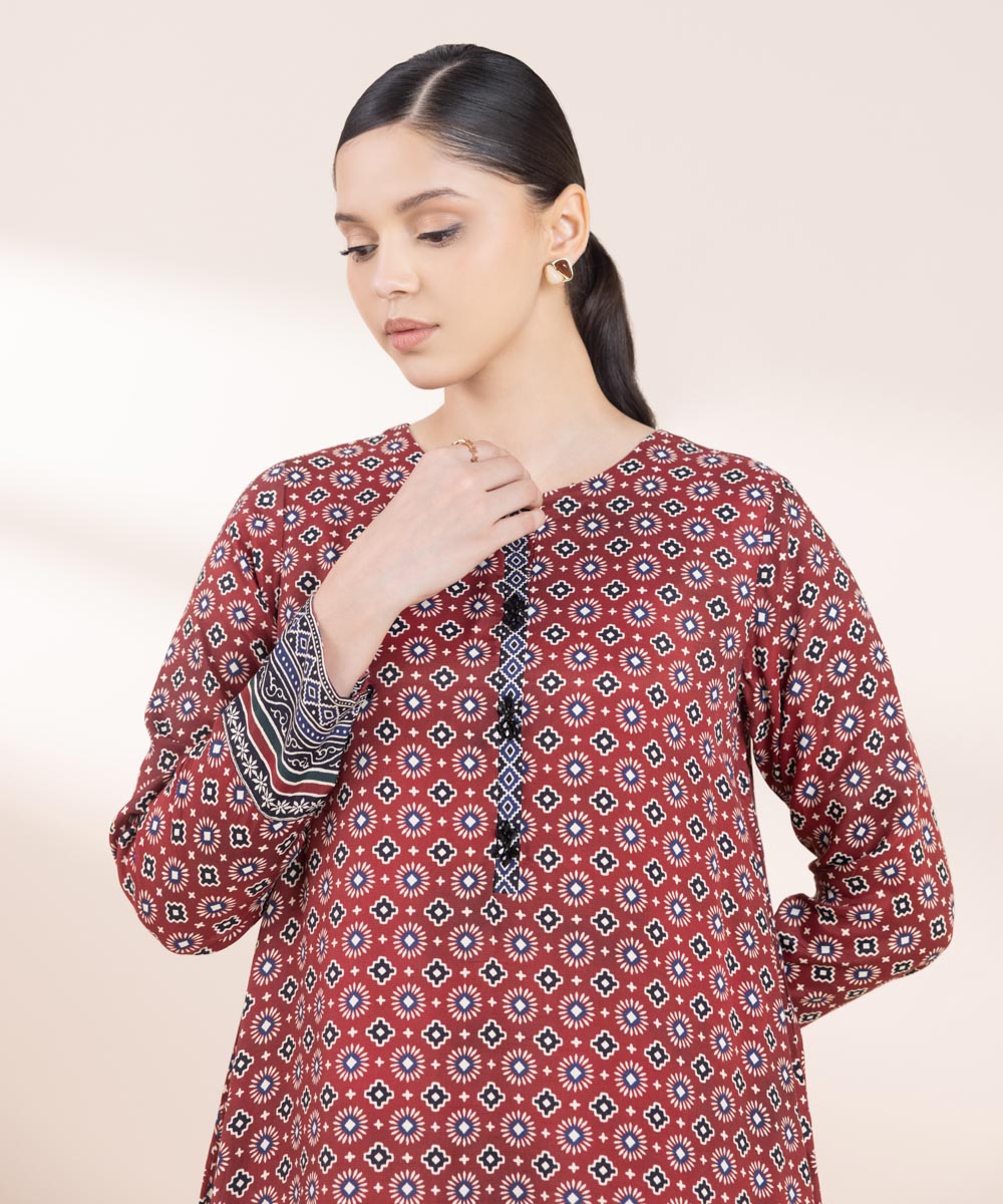 Women's Pret Viscose Raw Silk Red Printed A-Line Shirt