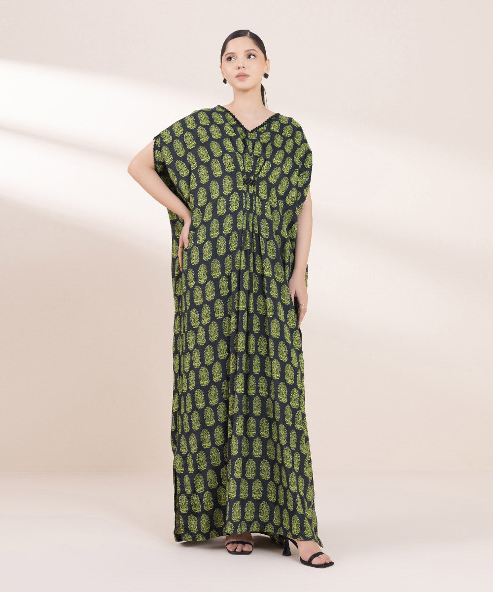 Women's Pret Viscose Raw Silk Printed Green Kaftan