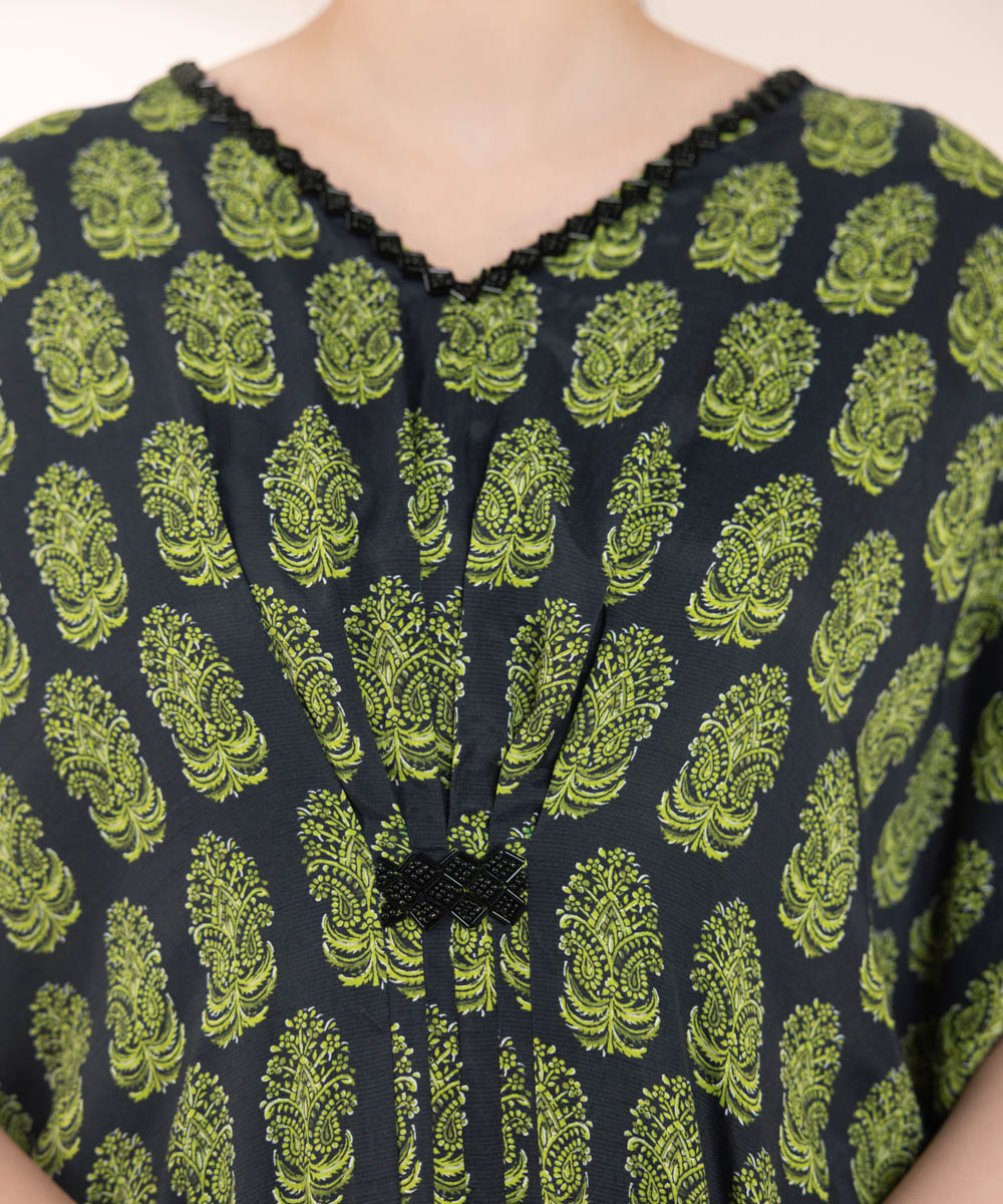 Women's Pret Viscose Raw Silk Printed Green Kaftan