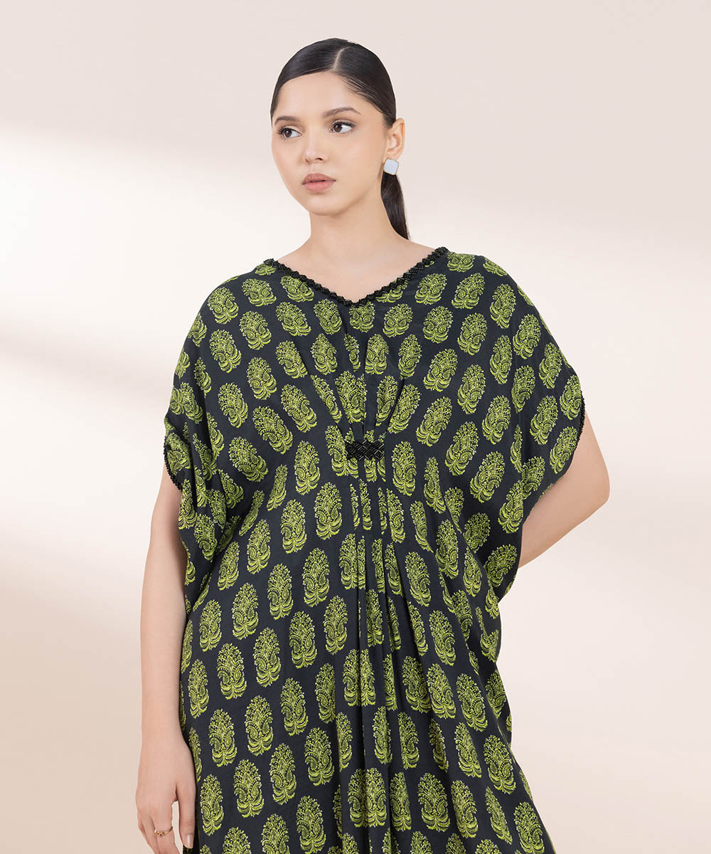 Women's Pret Viscose Raw Silk Printed Green Kaftan