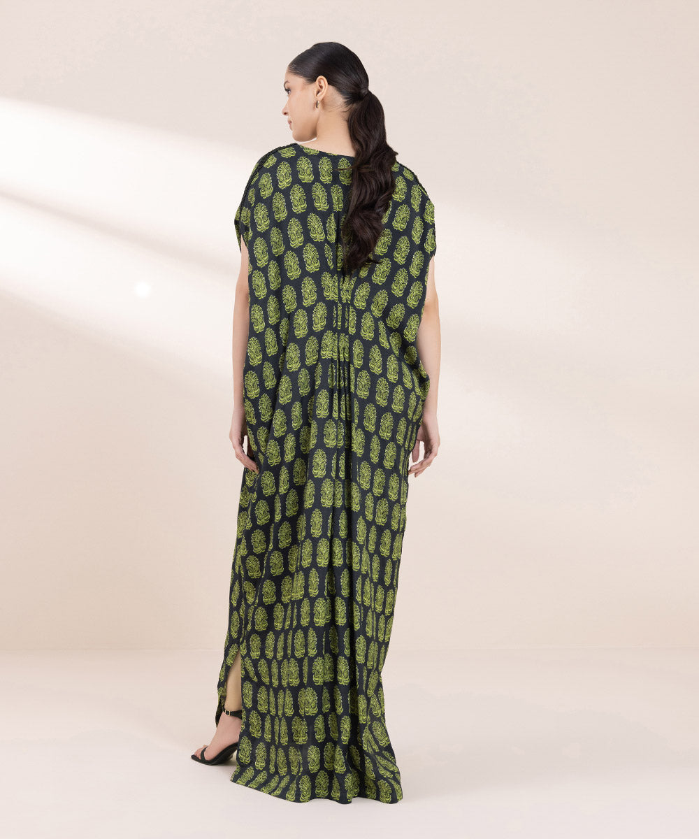 Women's Pret Viscose Raw Silk Printed Green Kaftan