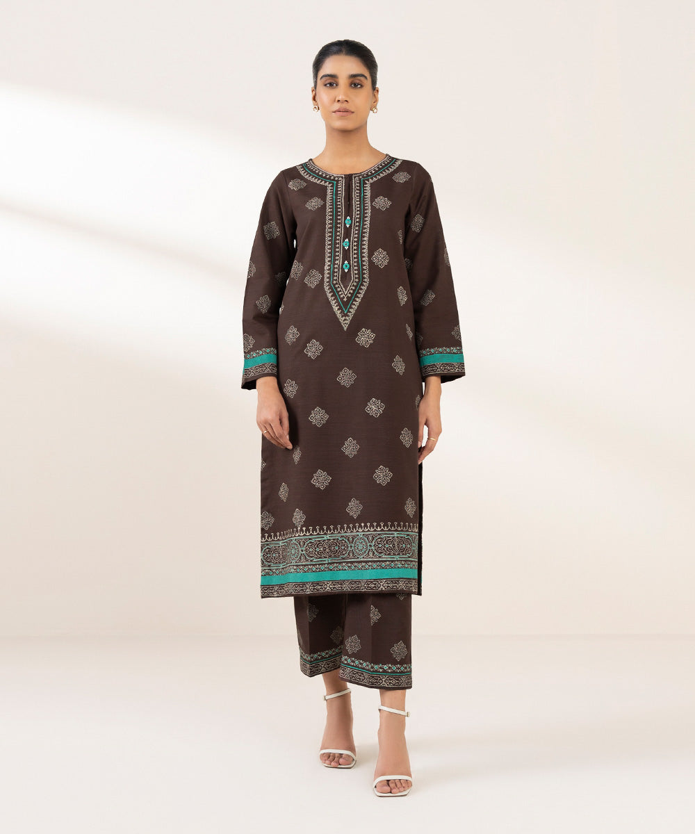 Women's Pret Khaddar Printed Brown A-Line Shirt