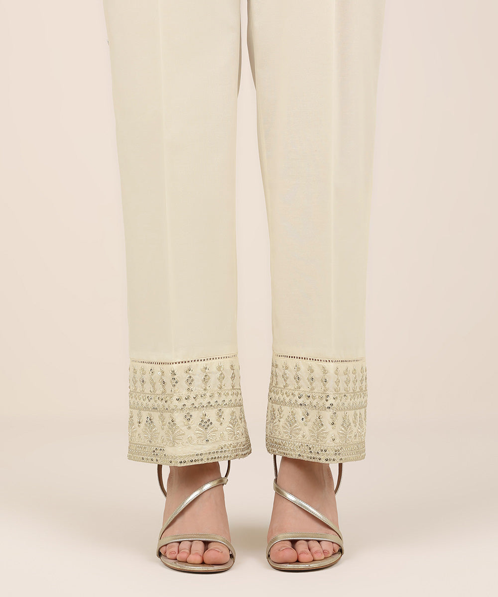 Women's RTW Cambric Off White Embroidered Straight Pants