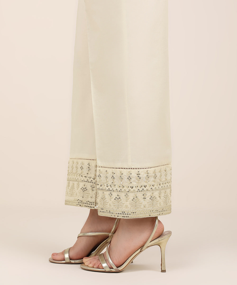 Women's RTW Cambric Off White Embroidered Straight Pants
