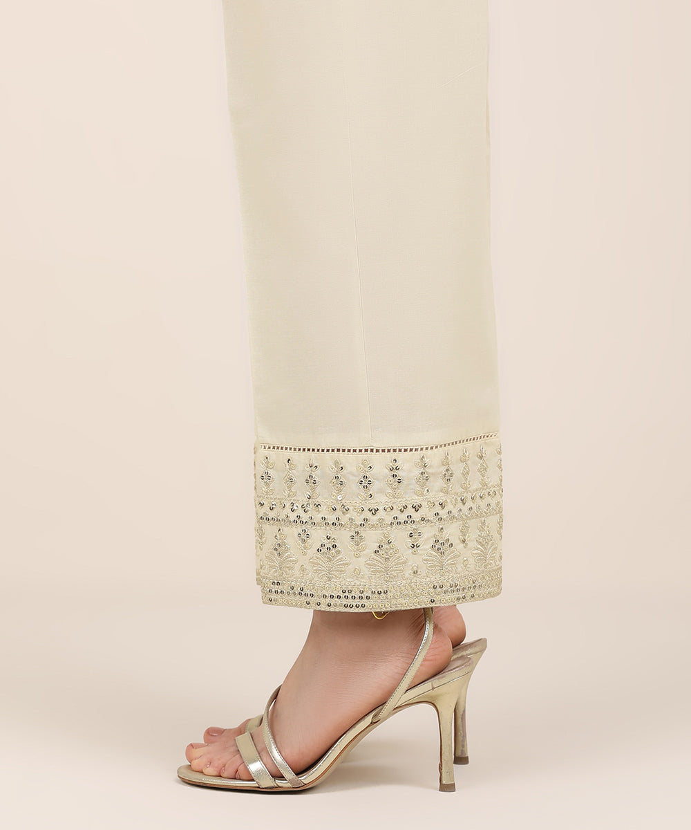 Women's RTW Cambric Off White Embroidered Straight Pants