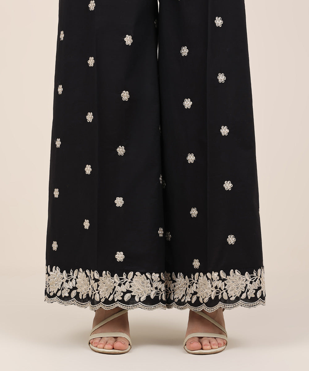Women's RTW Cambric Black Embroidered Flared Pants