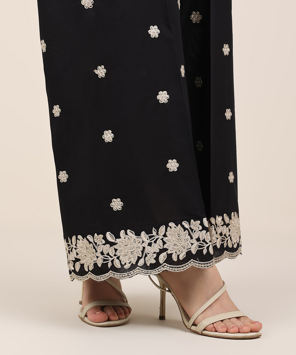 Women's RTW Cambric Black Embroidered Flared Pants