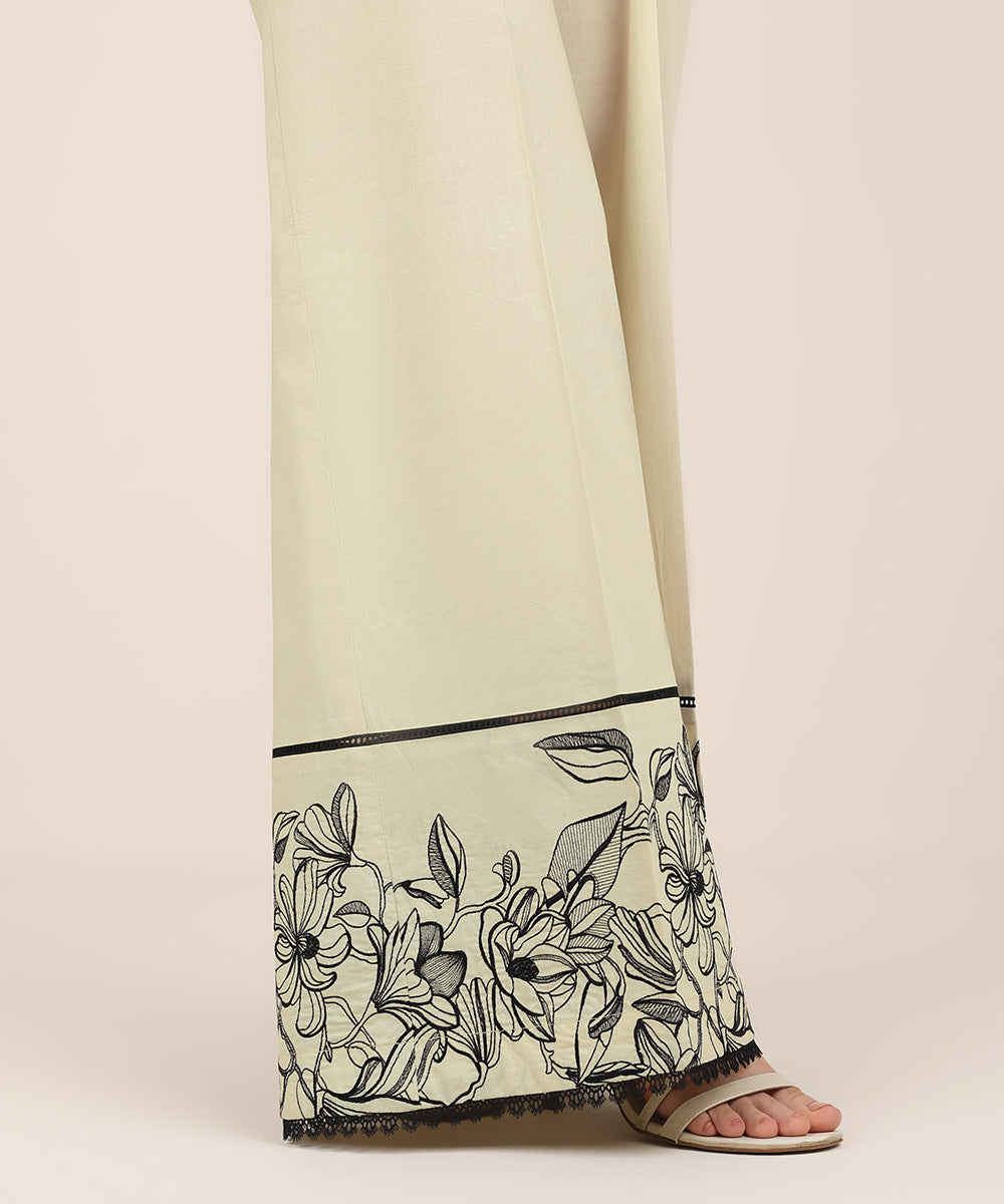 Women's RTW Cambric Beige Embroidered Flared Pants