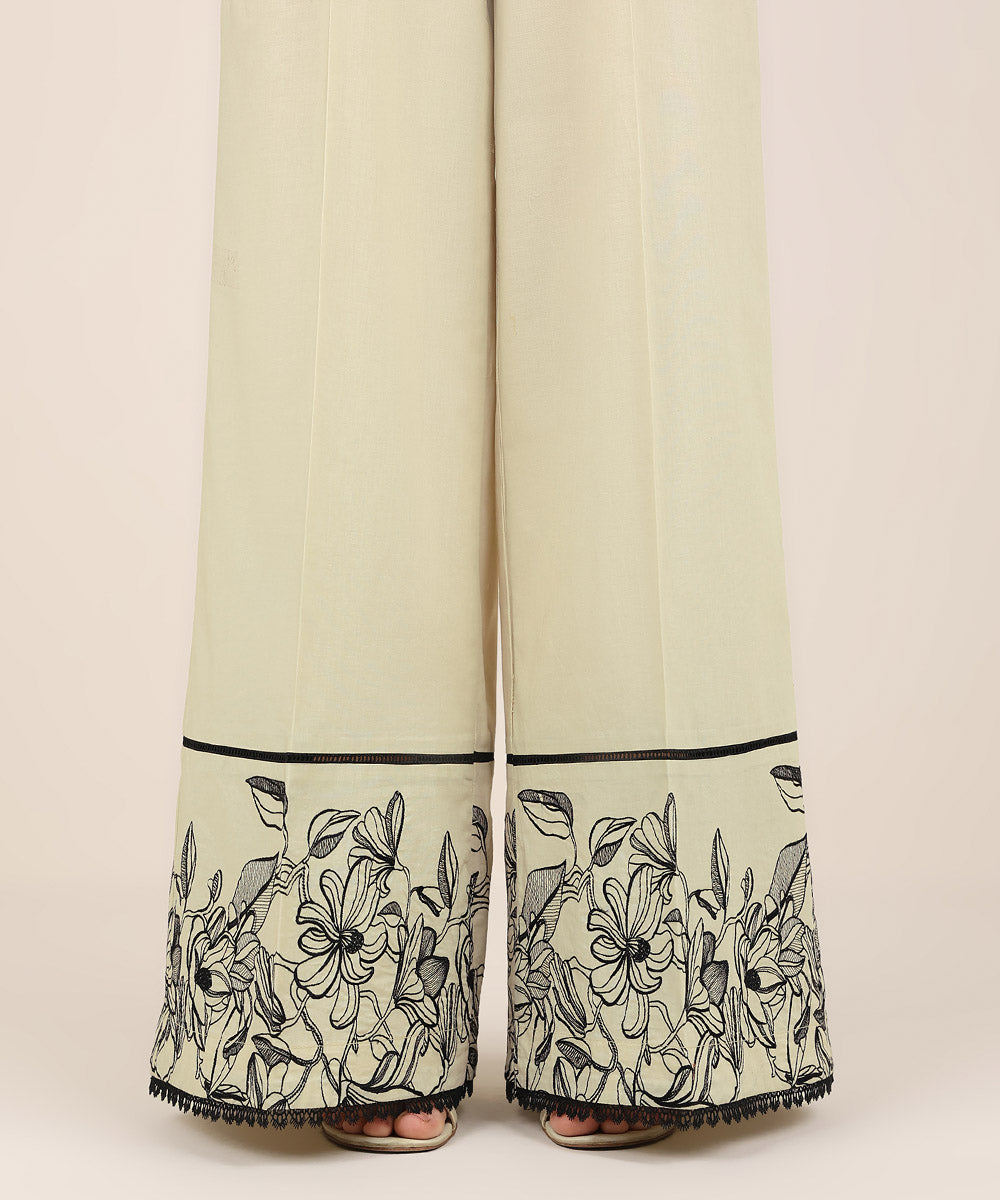 Women's RTW Cambric Beige Embroidered Flared Pants