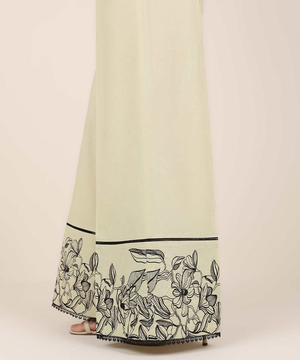 Women's RTW Cambric Beige Embroidered Flared Pants