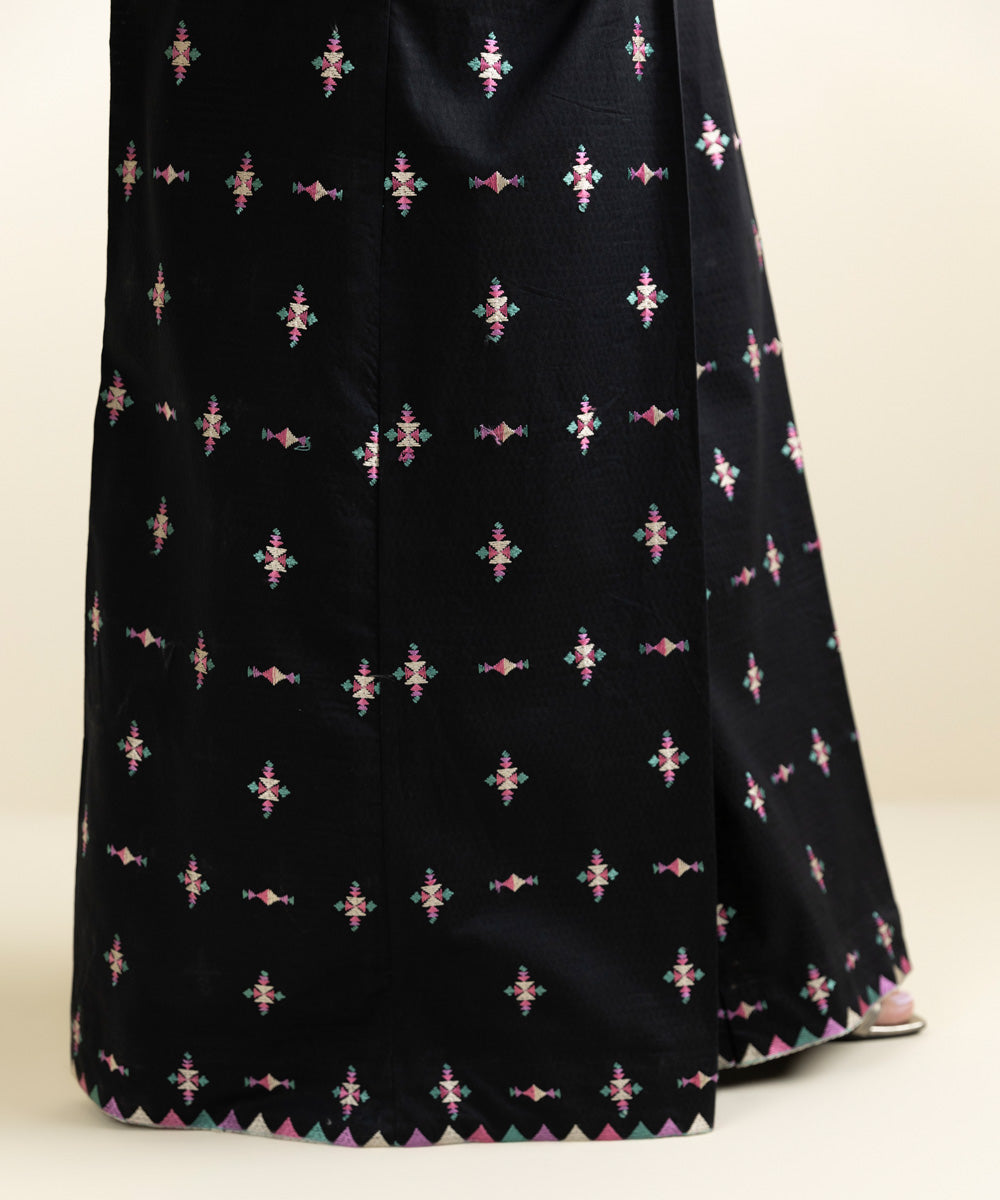 Women's Pret Dobby Embroidered Black Flared Pants