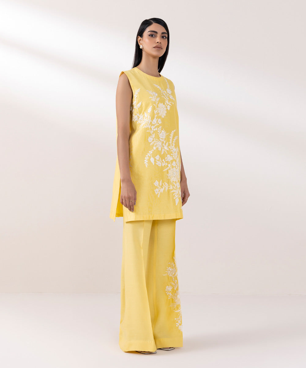 Women's Pret Silk Cotton Net Embroidered Yellow 2 Piece Suit