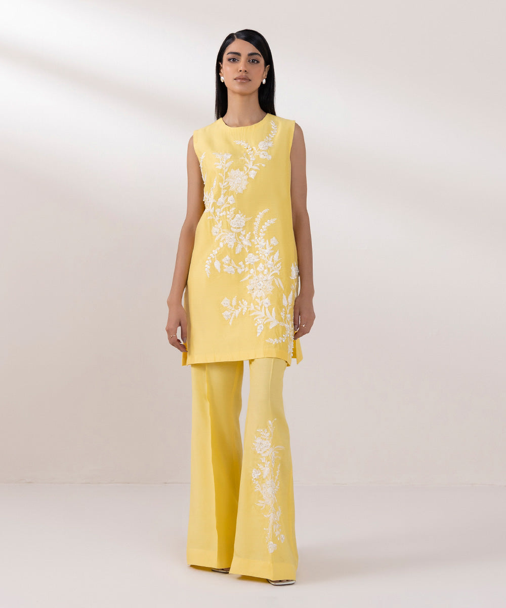 Women's Pret Silk Cotton Net Embroidered Yellow 2 Piece Suit