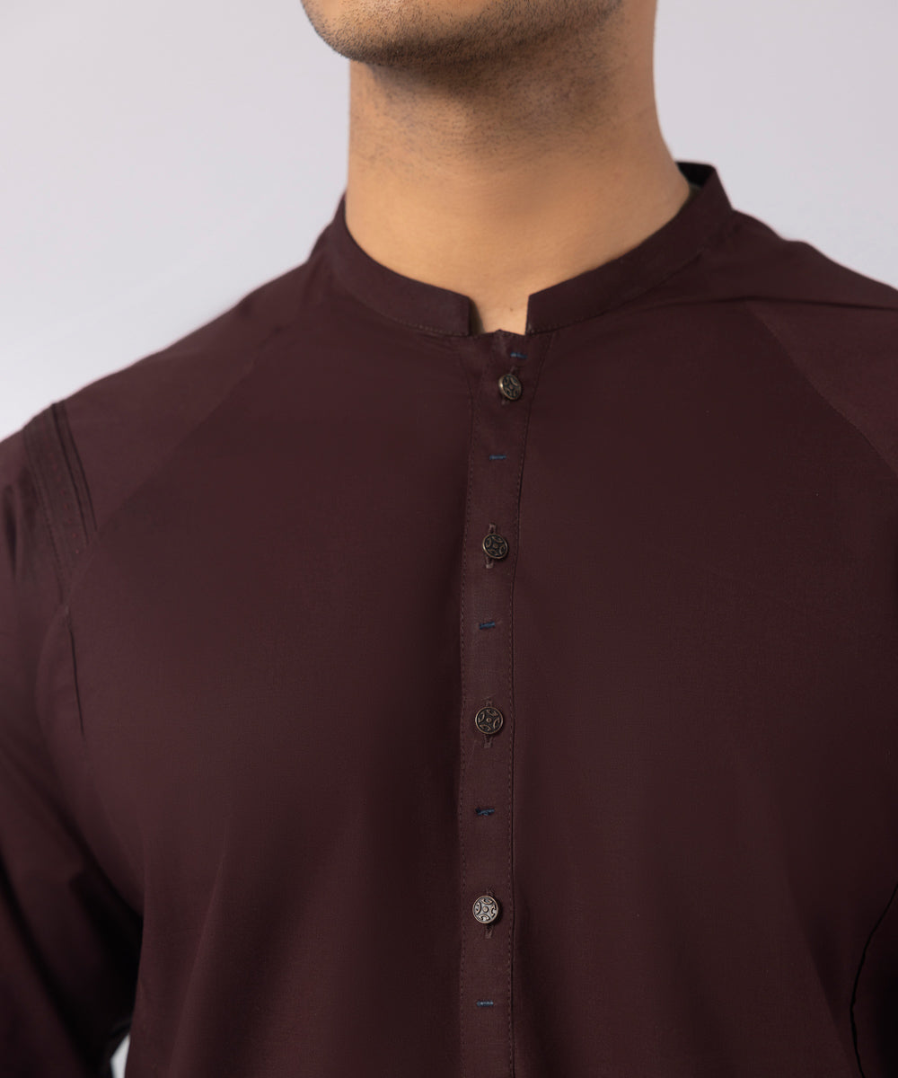 Men's Stitched Summer Cotton Maroon Straight Hem Kurta Trousers