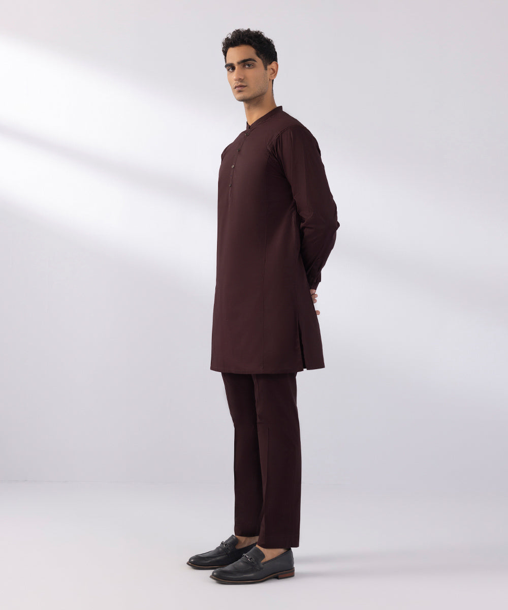 Men's Stitched Summer Cotton Maroon Straight Hem Kurta Trousers