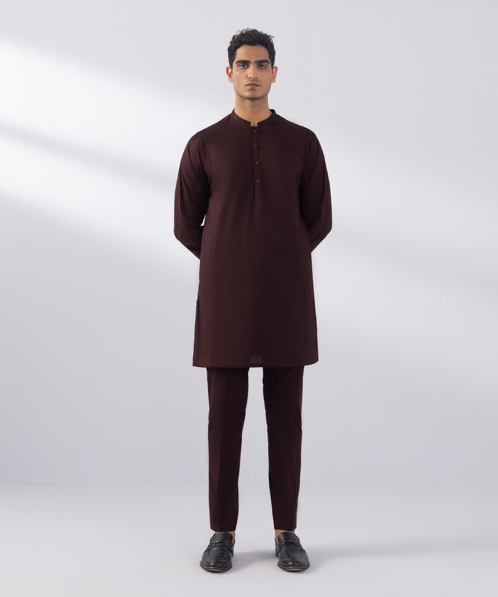 Men's Stitched Summer Cotton Maroon Straight Hem Kurta Trousers