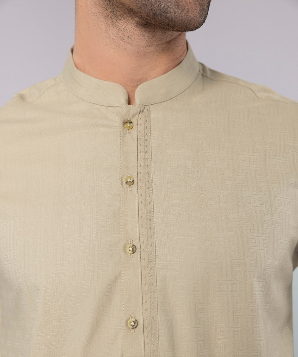 Men's Stitched Cotton Jacquard Beige Straight Hem Kurta