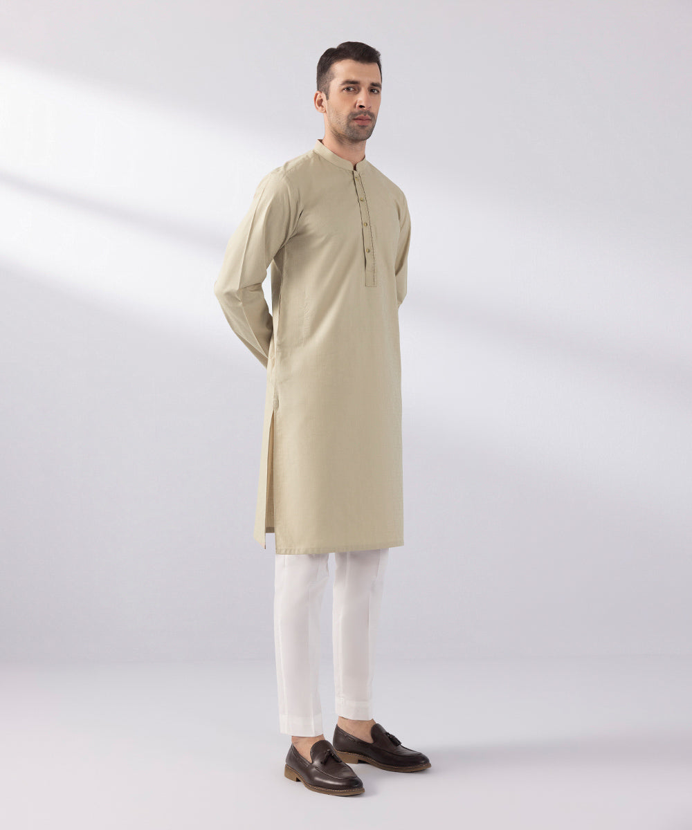 Men's Stitched Cotton Jacquard Beige Straight Hem Kurta