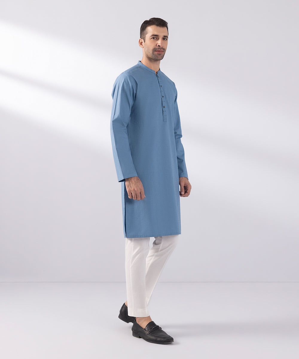 Men's Stitched Cotton Jacquard Blue Straight Hem Kurta