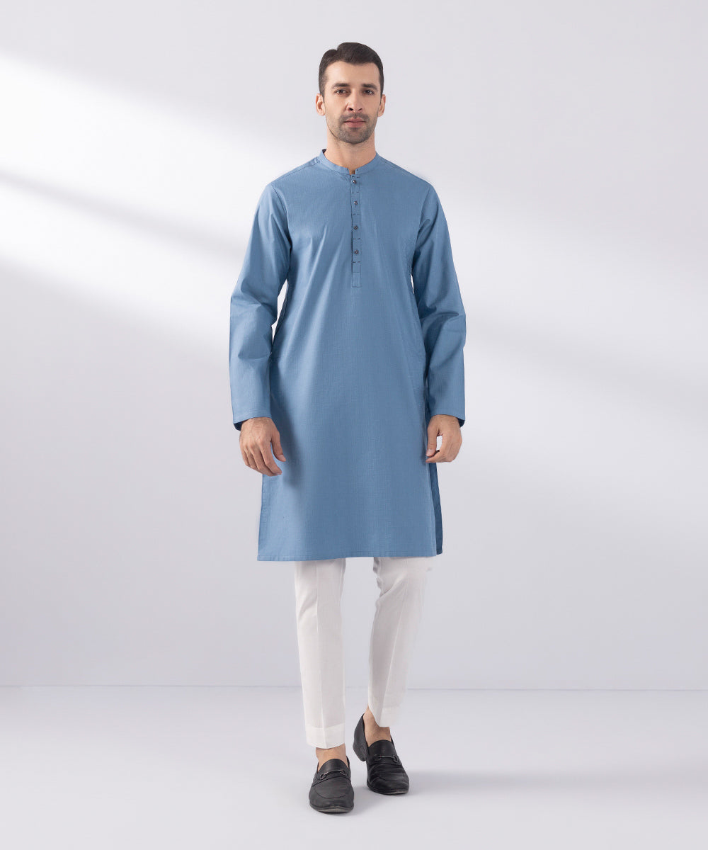 Men's Stitched Cotton Jacquard Blue Straight Hem Kurta