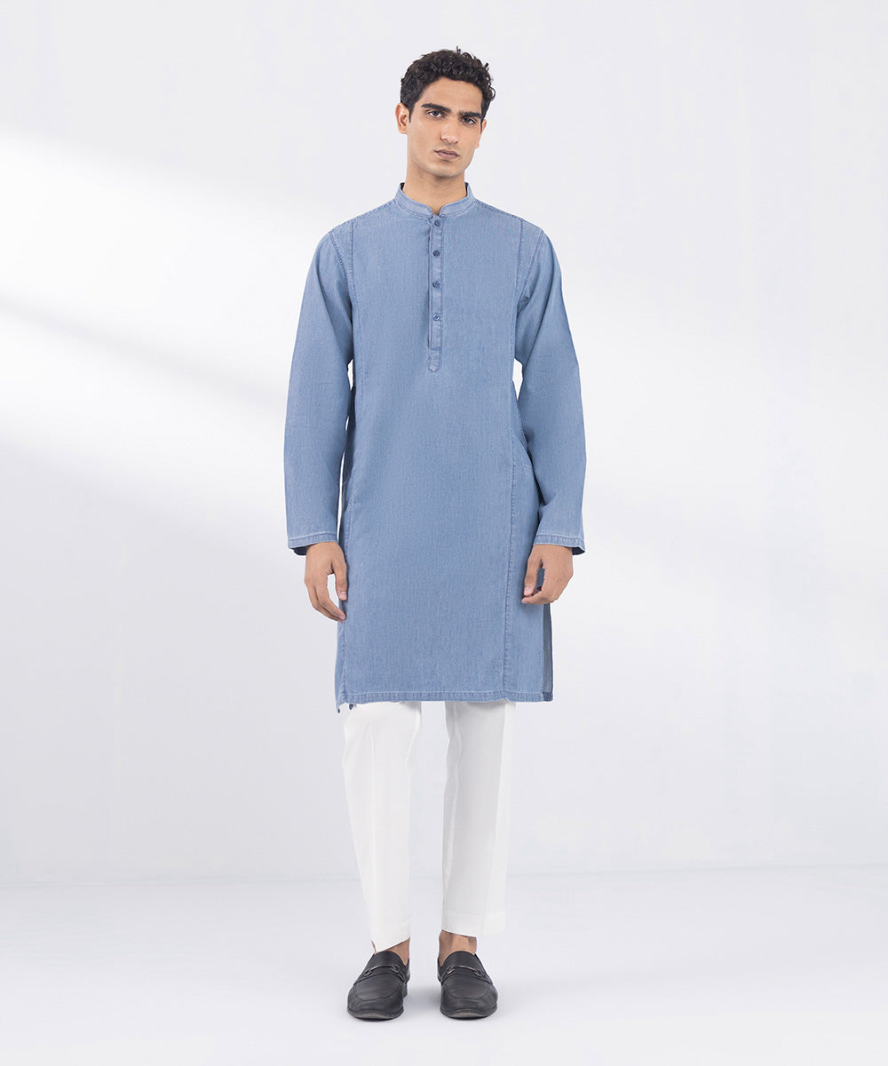 Men's Stitched Denim Blue Kurta