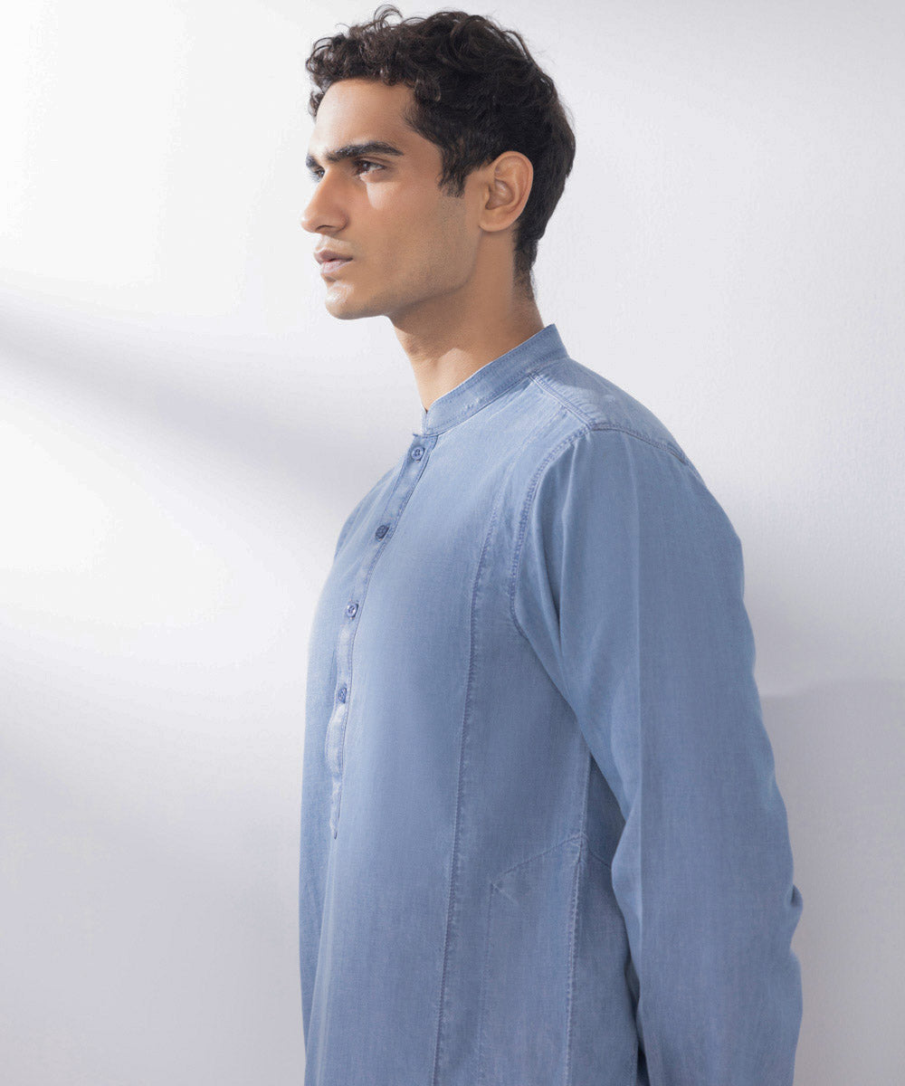 Men's Stitched Denim Blue Kurta