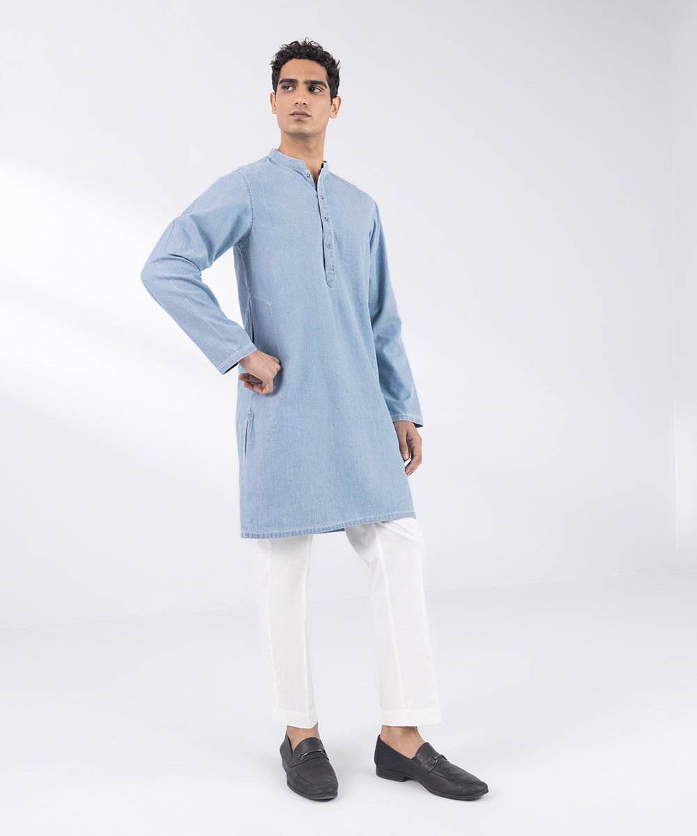 Men's Stitched Denim Blue Kurta