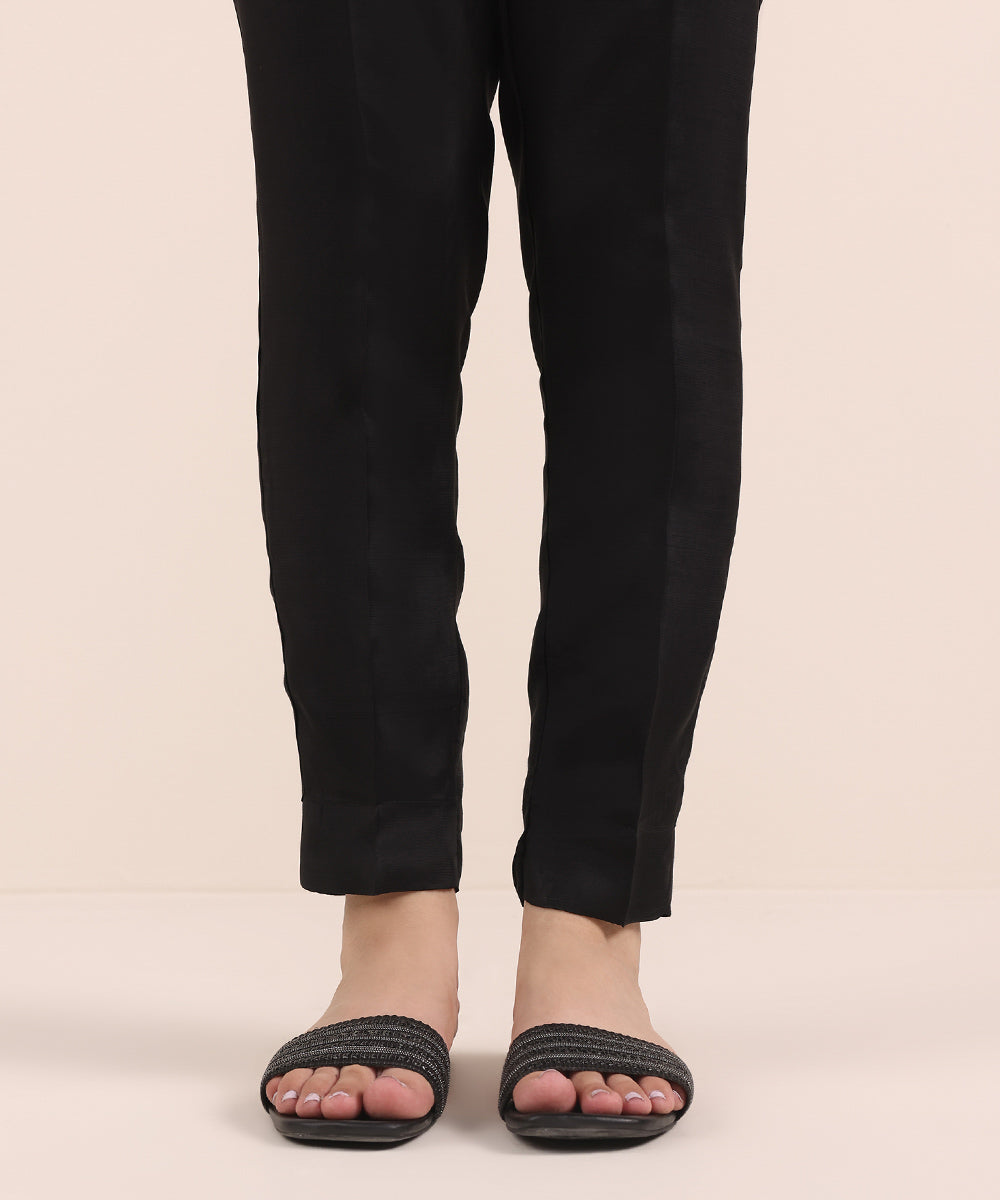 Women's Pret Viscose Raw Silk Black Dyed Cigarette Pants