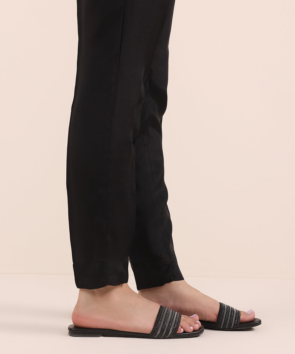 Women's Pret Viscose Raw Silk Black Dyed Cigarette Pants