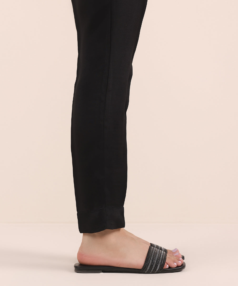 Women's Pret Viscose Raw Silk Black Dyed Cigarette Pants