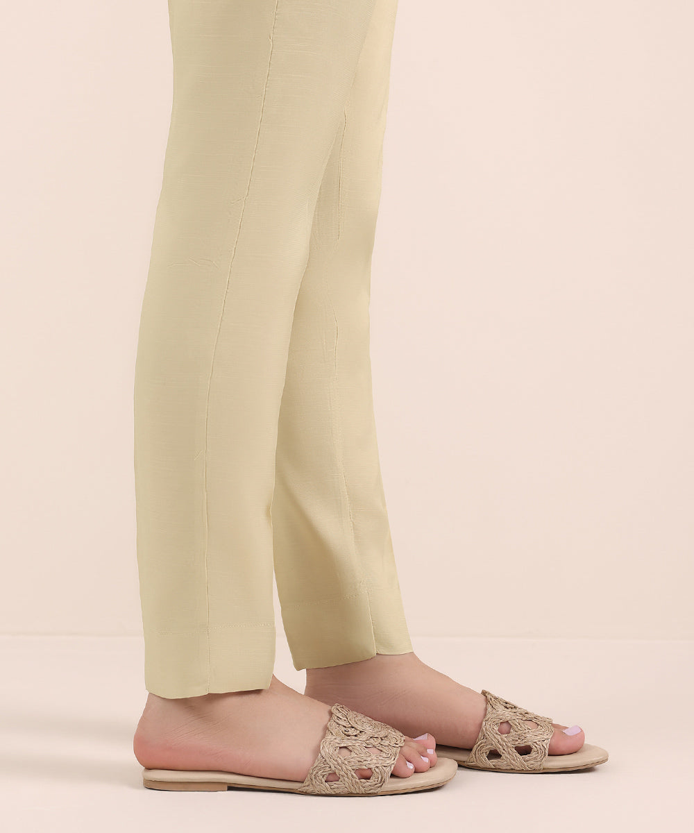 Women's Pret Viscose Raw Silk Beige Dyed Cigarette Pants