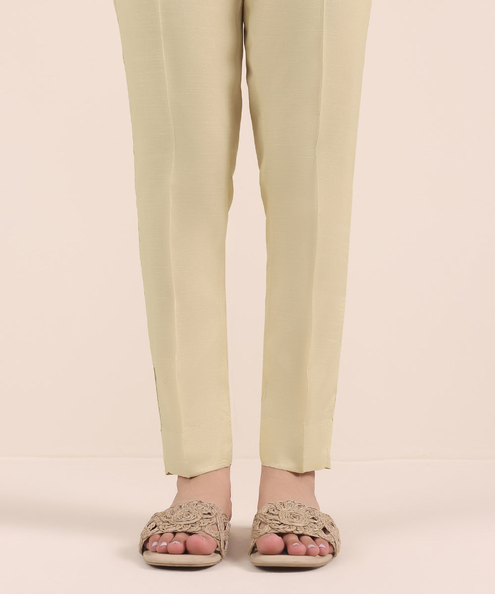 Women's Pret Viscose Raw Silk Beige Dyed Cigarette Pants