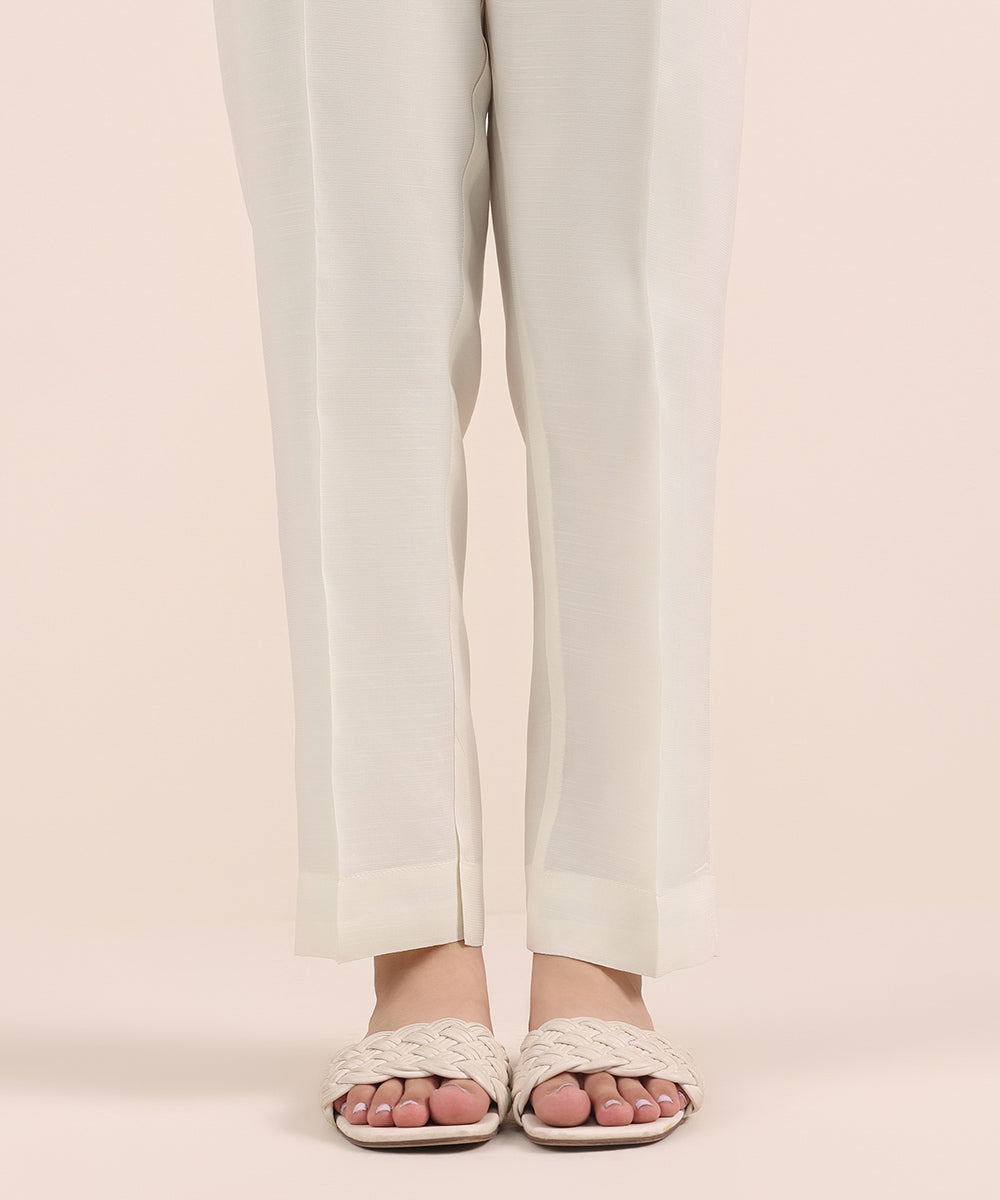 Women's Pret Viscose Raw Silk Off White Dyed Cigarette Pants