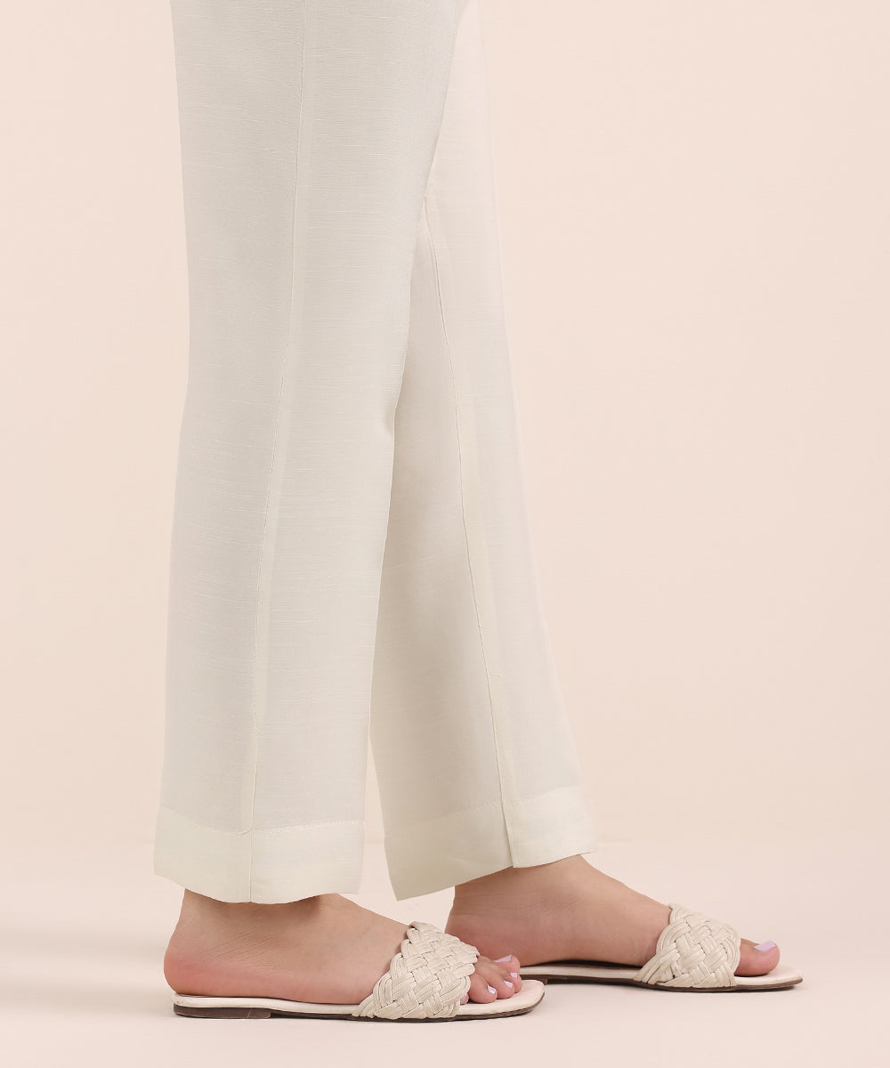 Women's Pret Viscose Raw Silk Off White Dyed Cigarette Pants