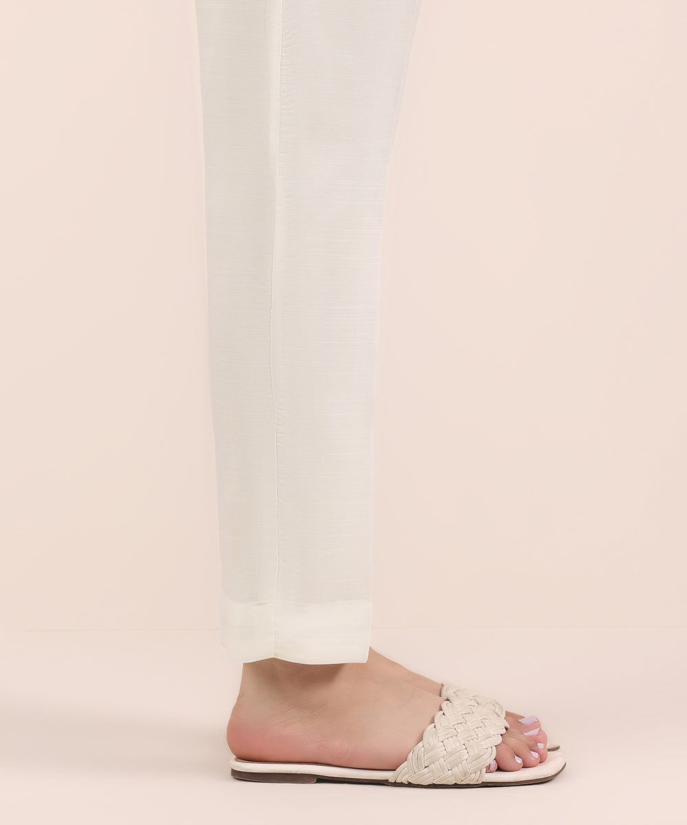 Women's Pret Viscose Raw Silk White Dyed Cigarette Pants