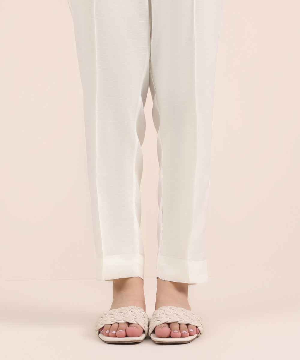 Women's Pret Viscose Raw Silk White Dyed Cigarette Pants