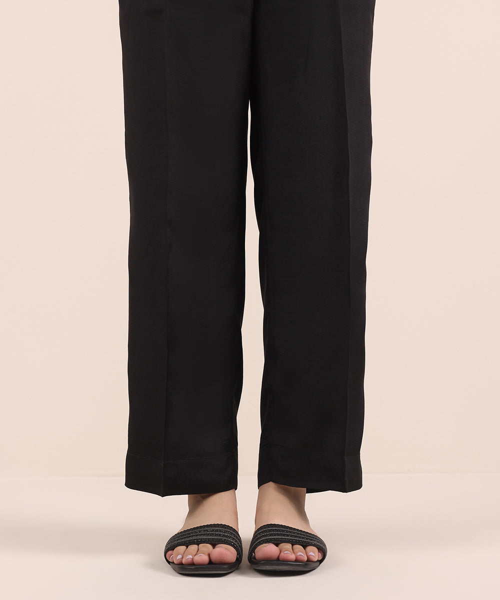 Women's Pret Viscose Raw Silk Black Dyed Straight Pants