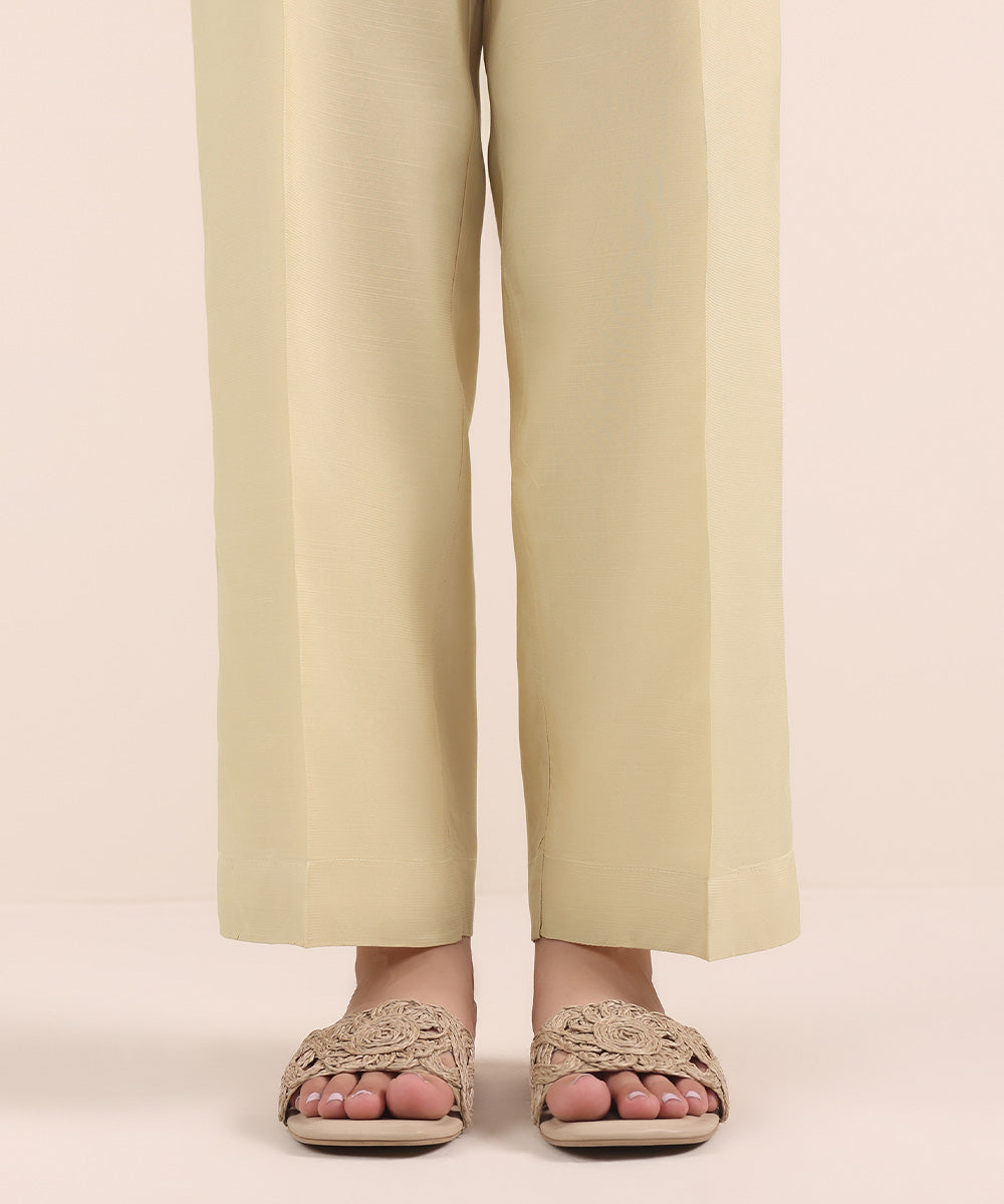 Women's Pret Viscose Raw Silk Beige Dyed Straight Pants