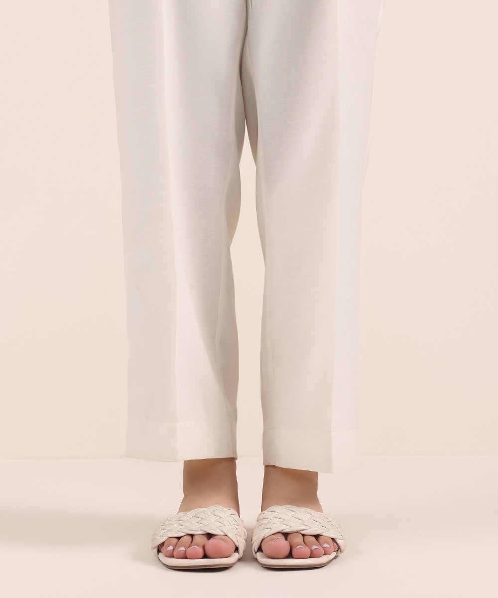 Women's Pret Viscose Raw Silk Off White Dyed Straight Pants