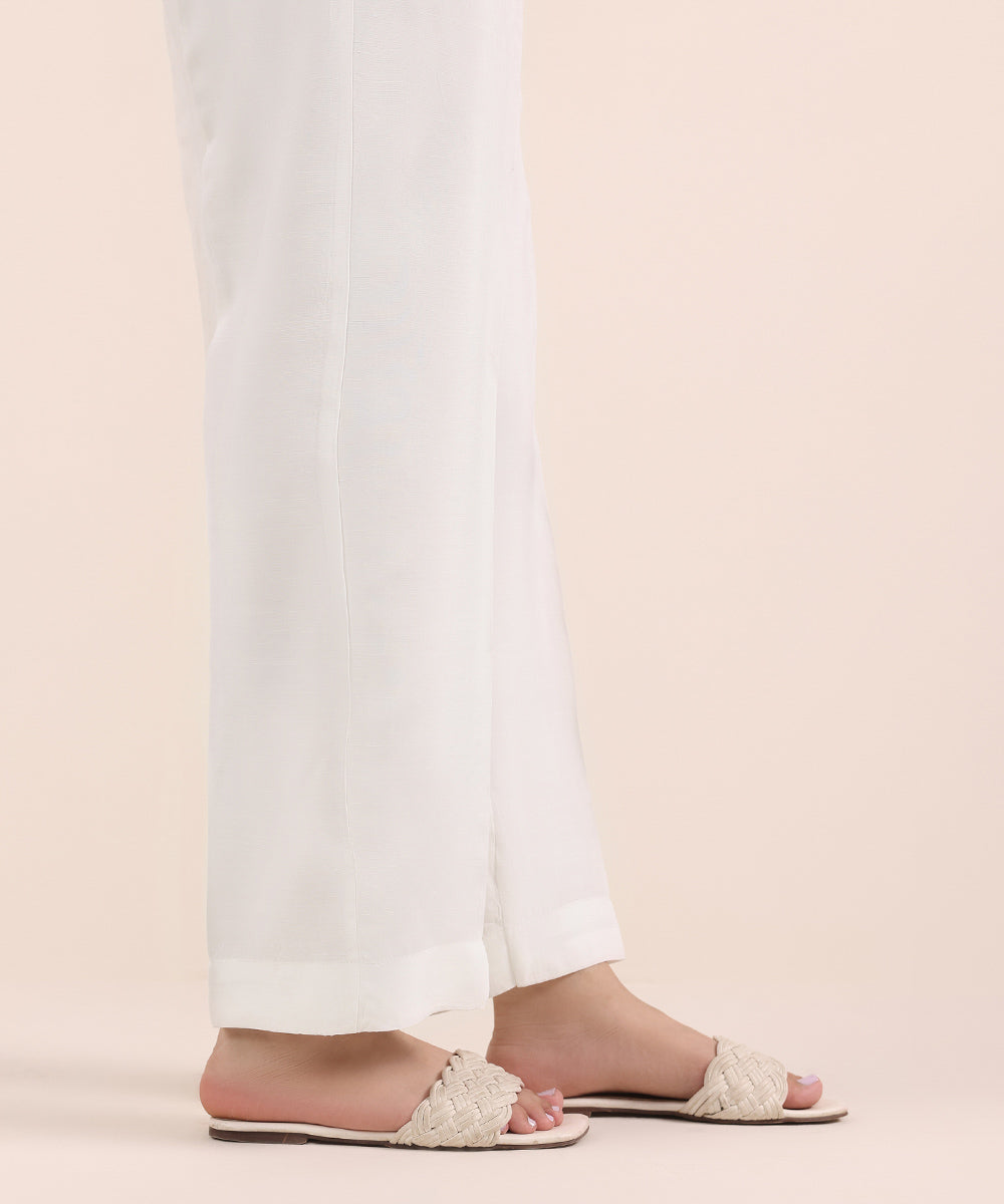 Women's Pret Viscose Raw Silk White Dyed Straight Pants