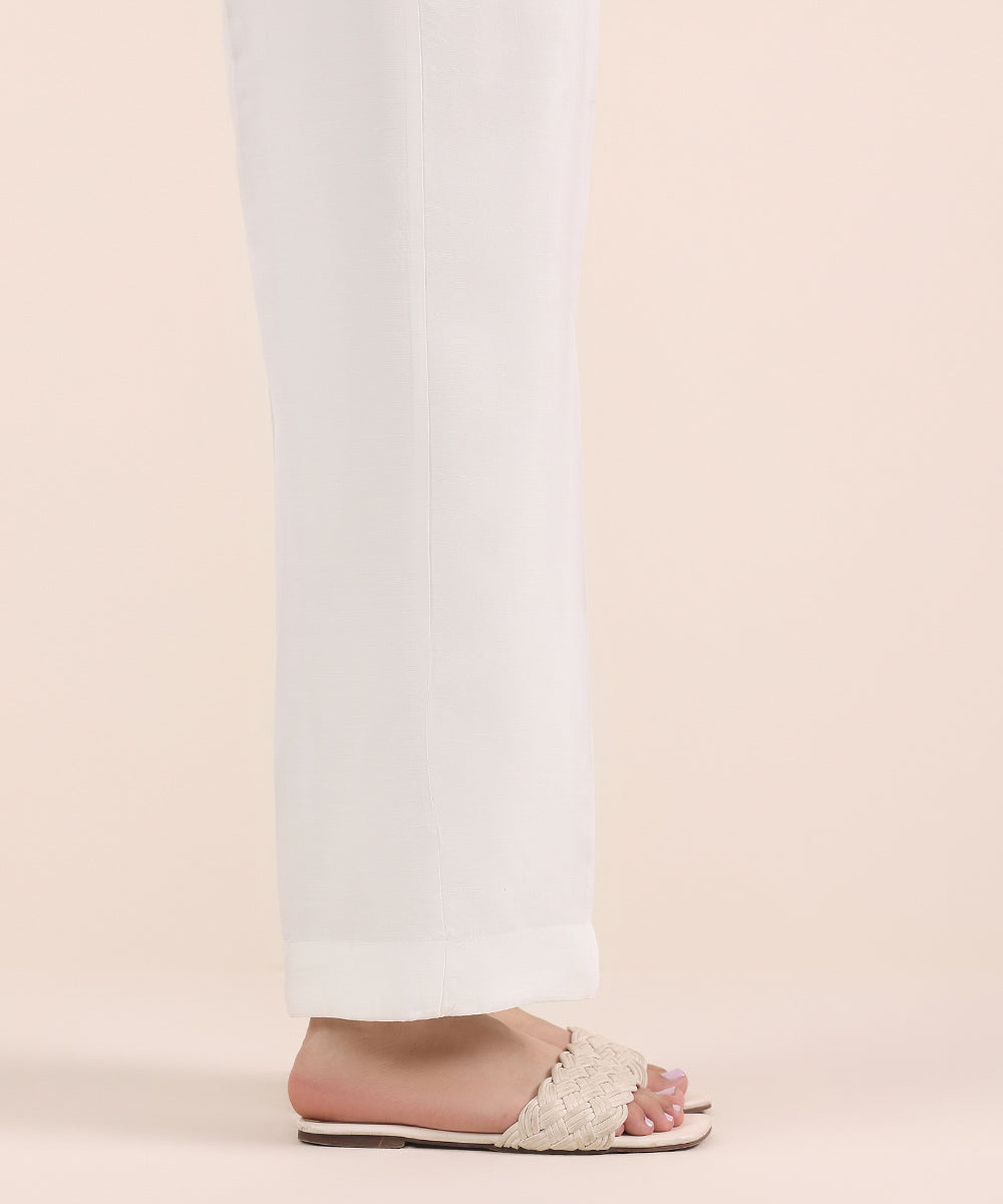 Women's Pret Viscose Raw Silk White Dyed Straight Pants